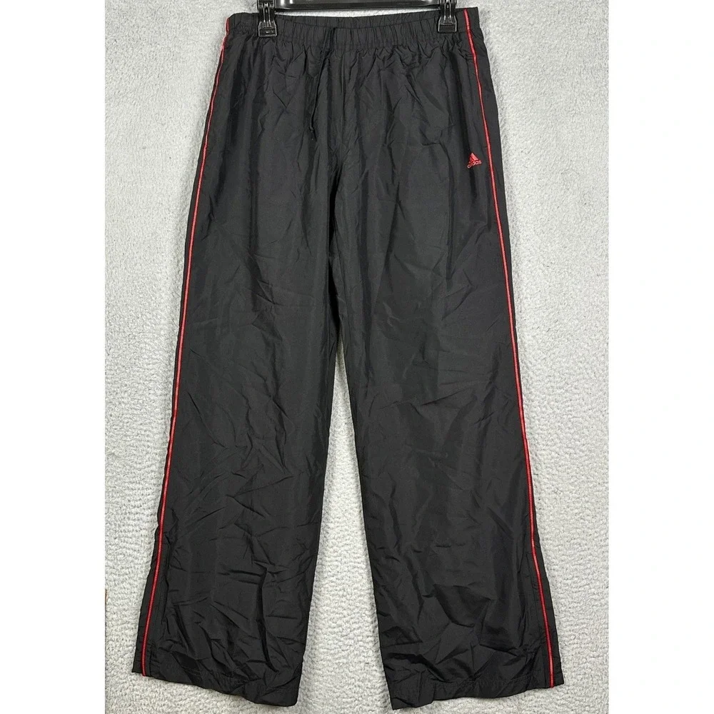 Adidas Track Pants Womens Medium Black Red Stripes Mesh Lined Windbreaker Logo